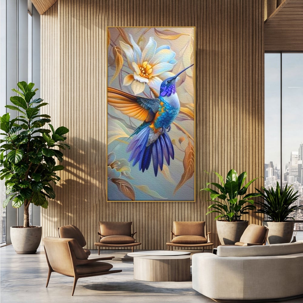 Tablou canvas cu tablou canvas cu pasare colibri in zbor, in rama de aluminiu auriu, pe perete intr-un birou